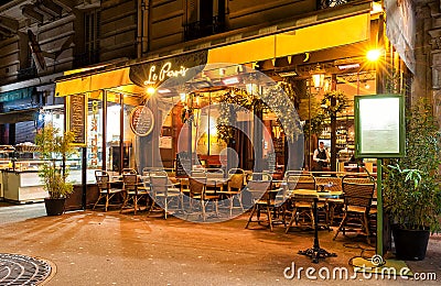 View of typical Parisian restaurant Le Parvis located near Notre Dame cathedral in Paris, France. Editorial Stock Photo