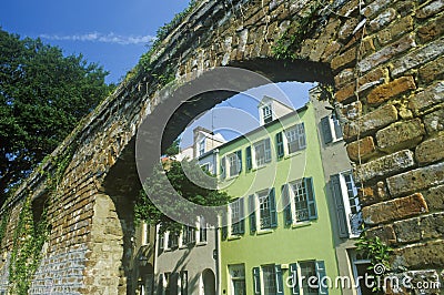 View under stone arch of historic district of Charleston, SC Stock Photo