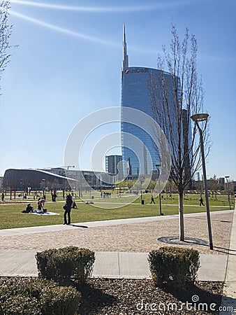 View of the Unicredit Tower seen from Parco degli Alberi. Milan Italy Editorial Stock Photo