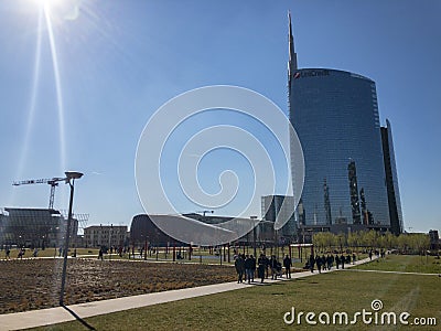 View of the Unicredit Tower seen from Parco degli Alberi. Milan Italy Editorial Stock Photo