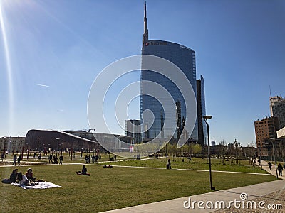 View of the Unicredit Tower seen from Parco degli Alberi. Milan Italy Editorial Stock Photo