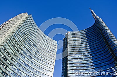 View of the Unicredit Tower seen from Piazza Gae Aulenti, Milan, Italy Editorial Stock Photo