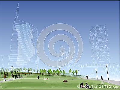 View of the Unicredit Tower and the Vertical Forest seen from the Biblioteca degli Alberi. Milan. Italy Vector Illustration
