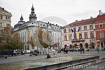 View of the Unirii square in Cluj Napoca. Editorial Stock Photo