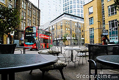 A view of the urban setting from a cafe table in Shoreditch Editorial Stock Photo