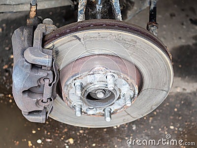 View of used brake disc on old car Stock Photo