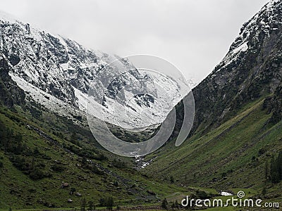 Snow capped mountains valley view Stock Photo