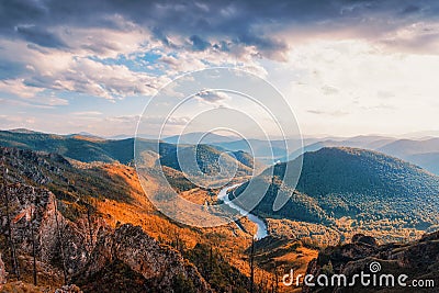 View of the valley Iyus River in Khakassia from the Tropa Predkov with sunset Stock Photo