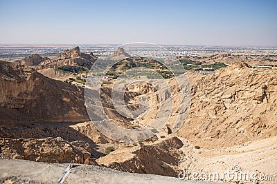 View of the valley from the top of jabel hafeet mountain in Al Ain, united arab emirates. Stock Photo
