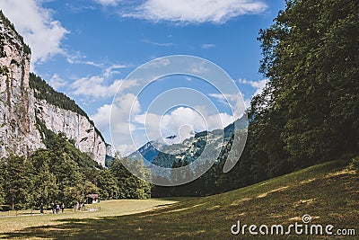 View valley of waterfalls in national park of city Lauterbrunnen, Switzerland Editorial Stock Photo
