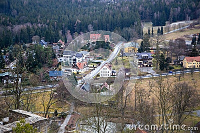 The view into the valley of the Zittau mountains from the castle Oybin to the village Olbersdorf/Hain and the Czech Republic Stock Photo