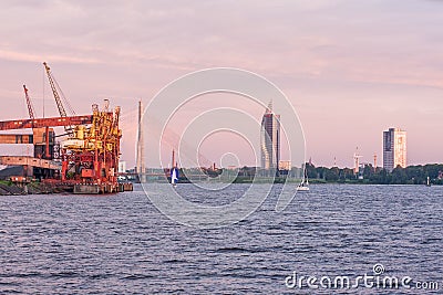 View of VanÅ¡u Bridge on the river Daugava, in Riga, Latvia Stock Photo