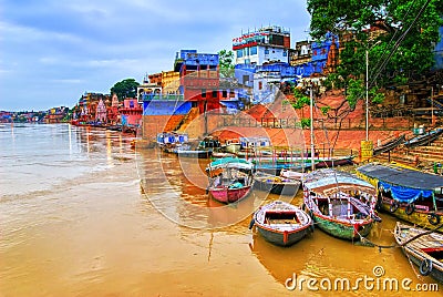 View of Varanasi on river Ganges, India Stock Photo