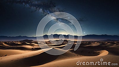 View of the vast Sahara desert with rolling sand dunes under a sky filled with glittering stars Stock Photo