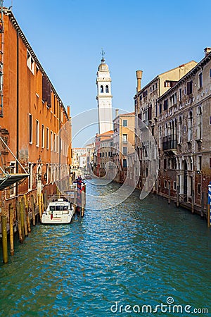 View of Venice canal Rio Dei Greci with Church of Saint George of the Greeks Editorial Stock Photo