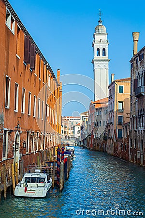 View of Venice canal Rio Dei Greci with Church of Saint George of the Greeks Editorial Stock Photo