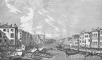 View of Venice. Gondolas by Canaletto in the old book Antonio Canal, by A. Moureau, 1892, Paris Stock Photo