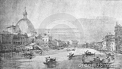 View of Venice. Gondolas by Canaletto in the old book Antonio Canal, by A. Moureau, 1892, Paris Stock Photo