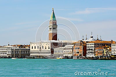 The view of Venice waterfront and St Mark`s Campanile and Doge`s Palace on a beautiful sunny day Editorial Stock Photo