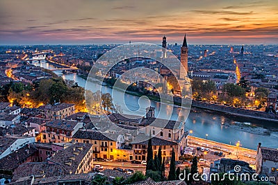 View of Verona from Castel San Pietro during autumnal sunset Stock Photo
