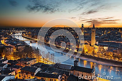 View of Verona at sunset from Castle San Pietro Stock Photo