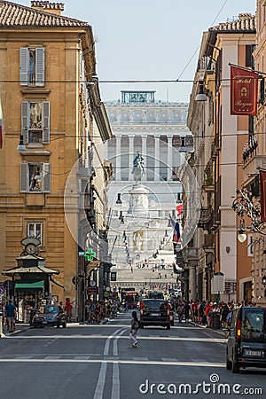View from Via Del Corso shopping street in the direction Piazza Venezia Editorial Stock Photo