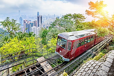 View of Victoria Peak Tram in Hong Kong Stock Photo