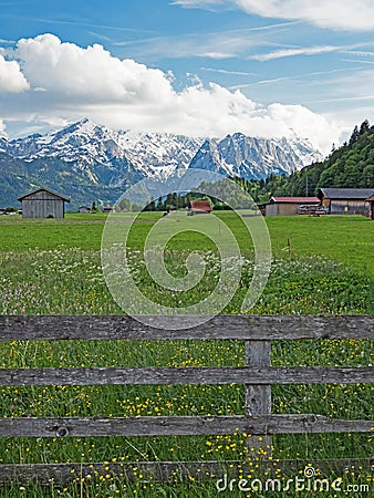 View of the village Farchant in Werdenfelser Land at the foot of the Wetterstein Mountains, Bavaria, Germany Stock Photo