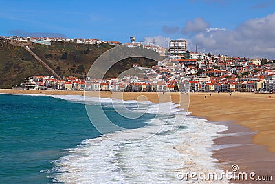 View over the beach and village of Nazaré, Portugal Stock Photo