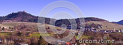 View of the vineyards of the village of Varnhalt and Yburg Castle near Baden Baden. Baden Wuerttemberg, Germany, Europe Stock Photo