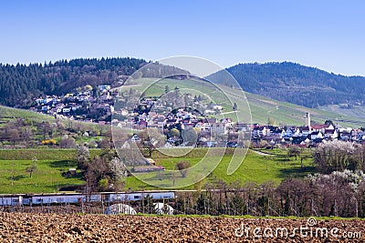 View of the vineyards of the village of Varnhalt and Yburg Castle near Baden Baden. Baden Wuerttemberg, Germany, Europe Stock Photo
