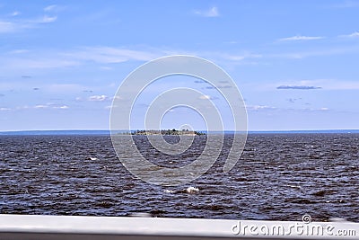 View of the Volga river from the Imperial bridge in Ulyanovsk, and a small island in the distance Stock Photo