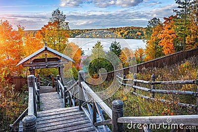 View of the Volga River from a wooden staircase Stock Photo