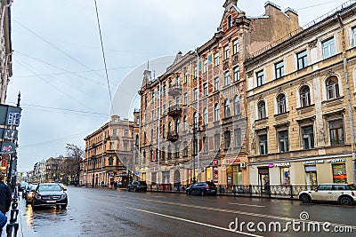 View of Vosstaniya Street in rainy. Saint Petersburg, Russia Editorial Stock Photo