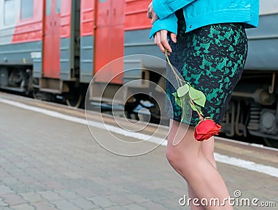 View of the waist and legs of a girl with a red rose flower Stock Photo