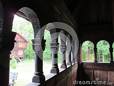 View from a stave church at the Norsk Folkemuseum Stock Photo