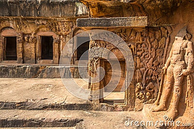 View at the Warrior sculpture in Rani Gumpha caves of Udayagiri caves complex in Bhubaneswar - Odisha, India Stock Photo