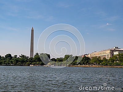 View of Washington Memorial and Bureau of Engraving and Printing from the Potomac River Editorial Stock Photo