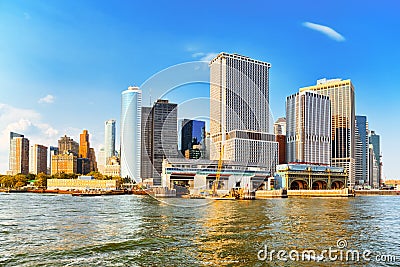 View Hudson bay to Lower Manhattan and Staten Island Ferry terminal. New York City is Financial capital of America. Stock Photo