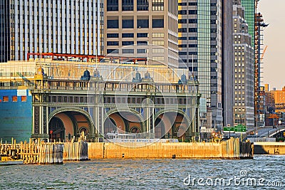 View Hudson bay to Lower Manhattan and Staten Island Ferry terminal. New York City is Financial capital of America. Editorial Stock Photo