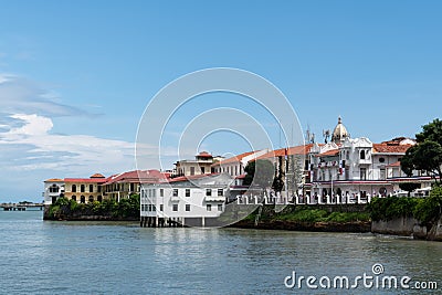 View of waterfront and buildings in Casco Antiguo in Panama City Stock Photo