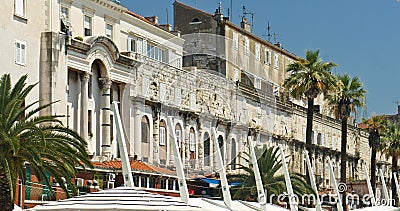 View of the Waterfront Promenade, street with houses and cafes in old town, beautiful architecture, sunny day, Split, Dalmatia, Stock Photo