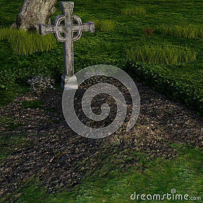 View of a well-kept grave in a large cemetery with a massive cross in the summer Stock Photo