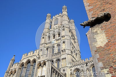 View of The West front of the Cathedral with a gargoyle in the foreground in Ely, Cambridgeshire, Norfolk, UK Stock Photo