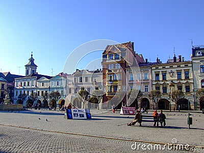 View on western side of old town square in Cieszyn in Poland Editorial Stock Photo