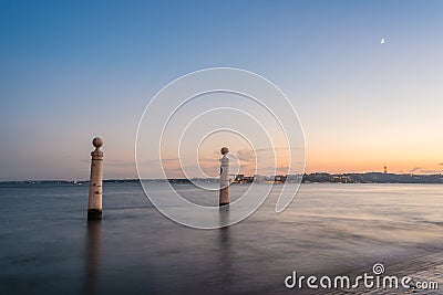 View of the wharf columns in square of commerce at sunset, Lisbon, Portugal, Europe Stock Photo