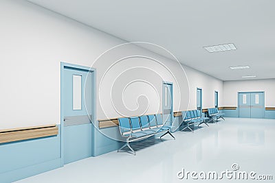 View of white and blue hospital corridor Stock Photo