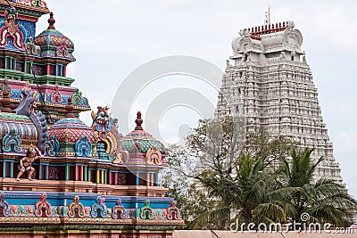 Contrasting temple gateways at Trichy in Tamil Nadu Stock Photo