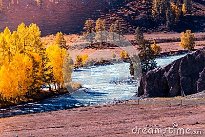 View of the wide mountain river, the mouth of the river. Stock Photo