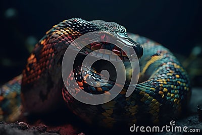 View of a wild snake on a dark background. Generative AI Stock Photo